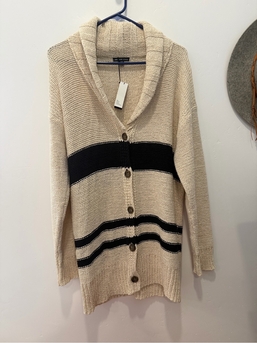 James Perse Cream Cardigan with Black Stripes